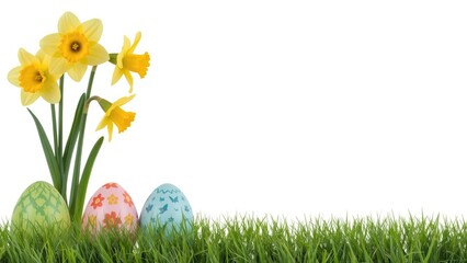 Fototapeta premium Easter eggs and daffodils on grass, spring time, festive decoration. Nature and celebration, holiday season. The concept of spring and renewal.