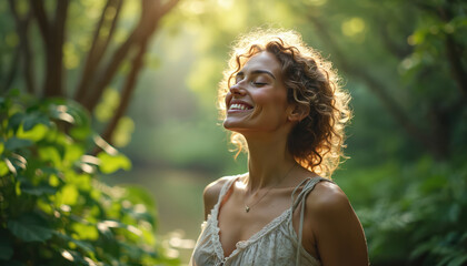 Radiant woman immersed in forest sunlight, experiencing pure joy, serenity. Natural light illuminates face conveying inner peace, connection with nature. Image embodies wellness mindfulness,