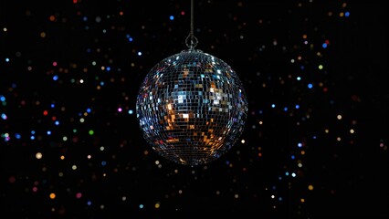 Disco ball with colorful lights reflecting in a dark background. Party and celebration, concept. Lighting and entertainment. The concept of dance parties and festive atmospheres