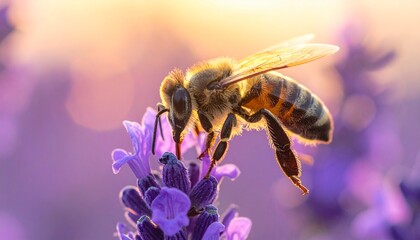 Bee collects nectar from purple flower