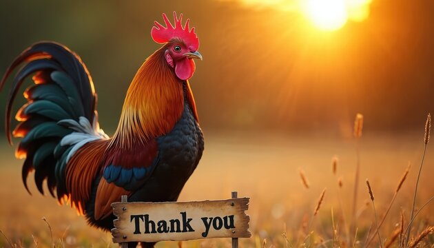 A vibrant rooster stands tall against warm sunset. Sign with Thank you message stands in grass. Poultry animal displays gratitude in golden hour at nature farm.