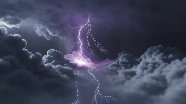 Powerful lightning strike illuminates dark, dramatic storm clouds in the sky