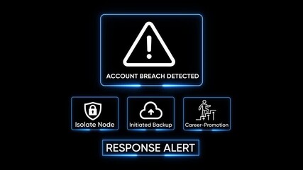 Digital alert system cybersecurity threat detection account breach warning isolate node initiated backup career promotion data protection network security concept futuristic interface glowing
