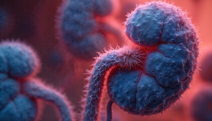 Magnified view of lupus nephritis in kidney glomerulus. Microscopic cellular structures show inflammation and damage. Medical research visualizes autoimmune disease pathology.