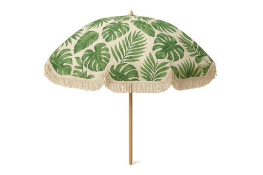 Beach umbrella with tropical monstera leaf pattern and fringed edge, summer vacation, relaxation, paradise element - Powered by Adobe