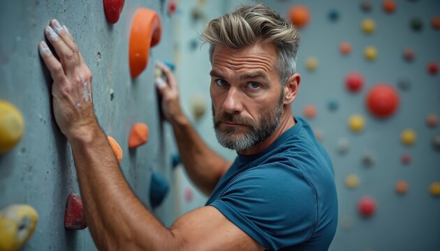 Mature man with grey hair and beard climbs indoor rock wall. He focuses intently, looking at camera with determined expression. Athletic male engages in strength training, fitness activity.