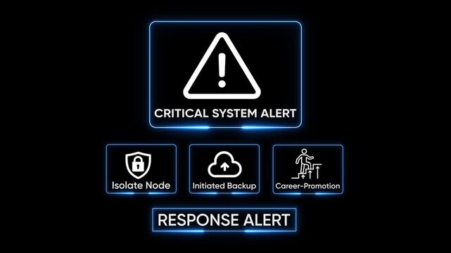 Critical system alert warning icon with isolate node initiated backup and career promotion icons on dark background digital interface technology concept
