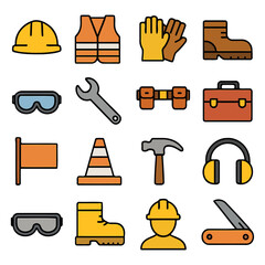 Construction Safety Icons: A comprehensive set of essential construction and safety icons, symbolizing the tools and gear critical for workplace safety.