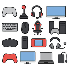 Gaming Gear Illustration: A vibrant illustration showcasing the essential equipment for an immersive gaming experience. Featuring controller, joystick, headphones, screen, keyboard, mouse, chair.