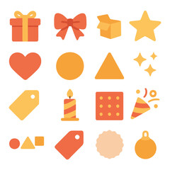 A Festive Collection of Icons: A cheerful arrangement of vibrant icons, including gift boxes, bows, stars, hearts, and celebratory elements, perfect for conveying joy and special occasions.