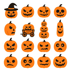 Spooky Pumpkin Patch: A collection of creatively carved jack-o'-lanterns, with diverse expressions, ready to illuminate the spooky night of Halloween.