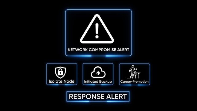 Network compromise alert with isolate node initiated backup and career promotion icons glowing blue neon on black background digital technology concept