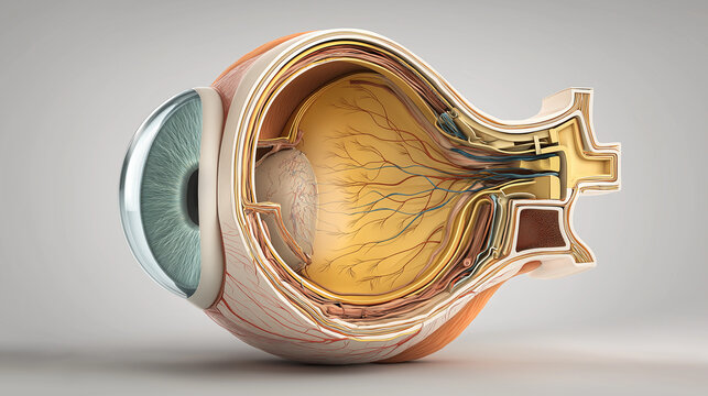 High-detail cross-section illustration of the human eye showing internal anatomy, realistic structures, and medical accuracy. Professional educational biomedical visualization