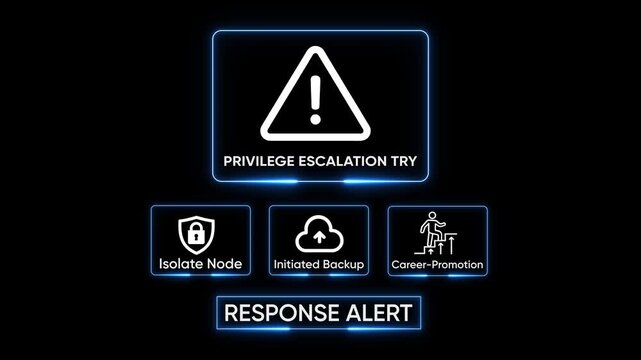 Cybersecurity alert warning icon with privilege escalation isolate node initiated backup career promotion icons on dark background digital technology concept