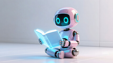 Cute pink AI robot sitting cross-legged and reading a brightly glowing holographic book for e-learning.