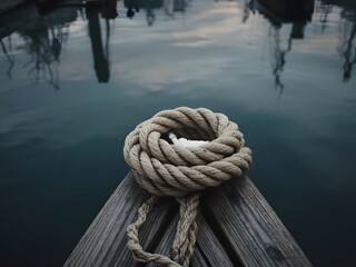 Close-up of a tight rope knot on a wooden boat in a calm marina scene.