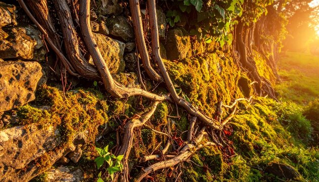 Mossy stone wall with intertwining roots