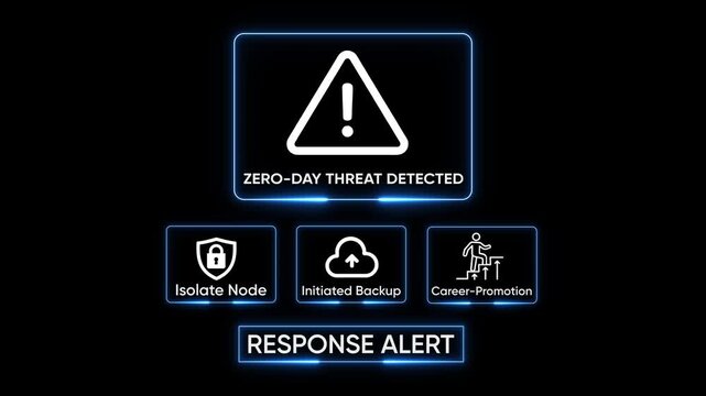 Cybersecurity alert zero day threat detected system isolation initiated backup career promotion digital interface glowing neon blue lines dark background abstract technology concept