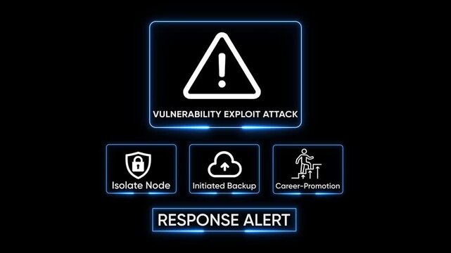 Cybersecurity vulnerability exploit attack alert system with isolate node initiated backup and career promotion icons on dark background digital security concept