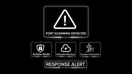 Cybersecurity alert port scanning detected warning notification isolate node initiated backup career promotion digital interface glowing neon lines dark background abstract technology concept - Powered by Adobe