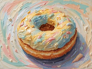 A vibrant paint doughnut with pastel colors swirling across a lively abstract scene.