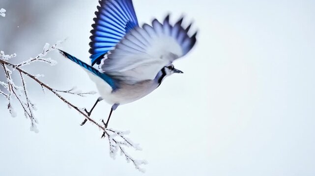 A vibrant blue jay with striking blue and white feathers perches on a frost-covered branch before gracefully taking flight against a soft, bright white winter background.