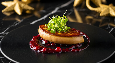 Foie Gras Appetizer with Cranberry Sauce and Sprouts on Plate