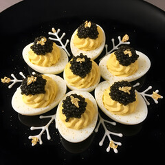 Deviled eggs with caviar and gold leaf on a black plate