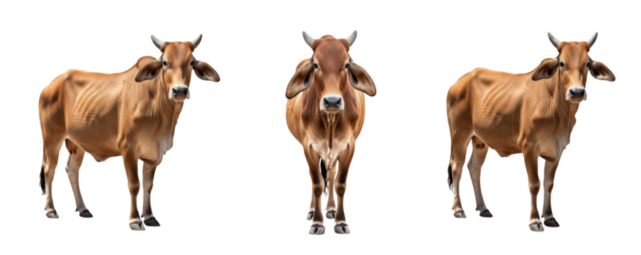 Gir cow isolated on white background, red and white dairy cattle portrait, farm livestock animal standing, purebred Gir breed cutout, high-quality cow image for agriculture and dairy use