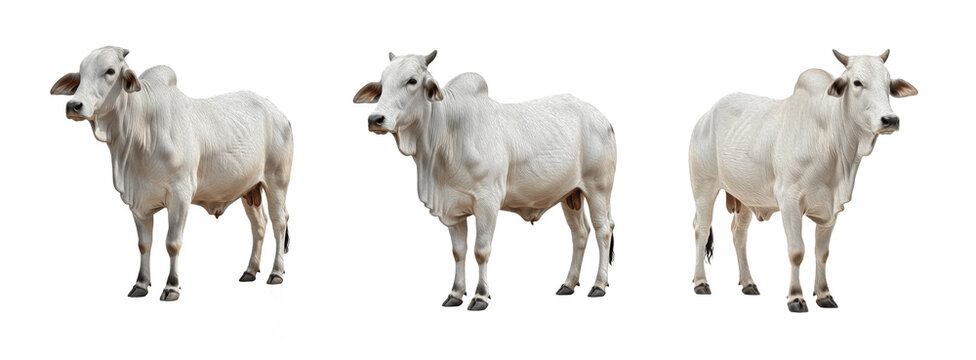 Nelore cow isolated on white background, grey humped beef cattle portrait, tropical livestock standing, purebred Nelore breed cutout, high-quality cow image for agriculture and ranch use