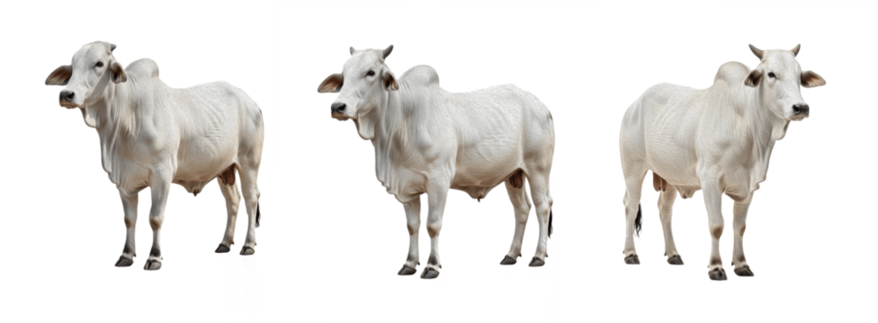 Nelore cow isolated on white background, grey humped beef cattle portrait, tropical livestock standing, purebred Nelore breed cutout, high-quality cow image for agriculture and ranch use