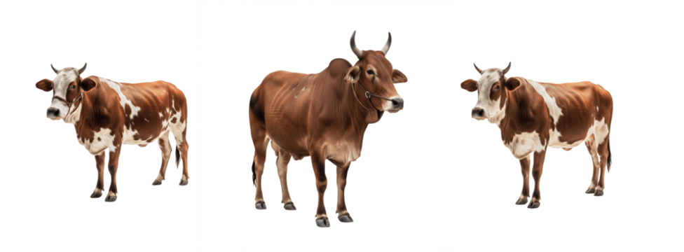 Sahiwal cow isolated on white background, red-brown dairy cattle portrait, farm livestock animal standing, purebred Sahiwal breed cutout, high-quality cow image for agriculture and dairy use