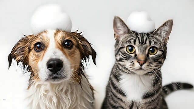 Adorable Dog and Cat Duo Enjoying a Bubble Bath Together.