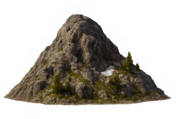 Rock mountain peak with scattered snow, green grass, and evergreen trees isolated on transparent background
