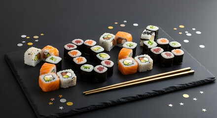 Sushi platter with golden chopsticks on black background