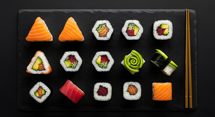 Sushi Assortment on Black Slate Plate with Chopsticks