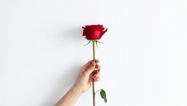 Hand presents single elegant red rose