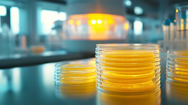 Stack of yellow Petri dishes in modern laboratory environment, symbolizing research, biotechnology, and medical innovation with precision, hygiene, and scientific progress healthcare experimentation