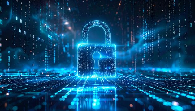 Digital padlock hovers binary rains down