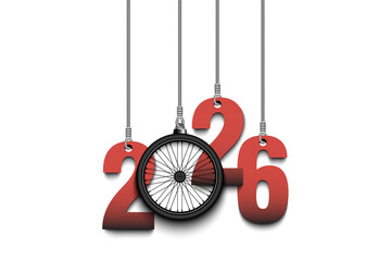 Fototapeta premium Numbers 2026 and bike wheel as a Christmas decorations are hanging on strings. New Year 2026 are hang on cords. Template design for greeting card. Vector illustration on isolated background