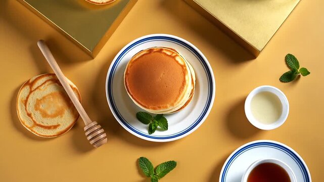 Fluffy stack of pancakes on a white and blue plate with honey mint leaves and tea