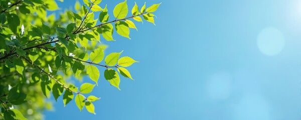 Obraz premium Green tree branches extend across blue sky background. Fresh leaves reach upwards towards sunlight. Plenty of empty space for text overlays. Vibrant natural scene.