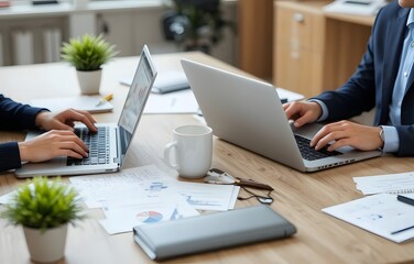 Collaborative team analyzing data on laptops, driving business growth in modern workspace with fresh ideas and strategic insights for success