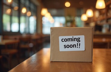 Cardboard box with coming soon sign placed on wooden table in cafe interior. New business launch anticipation, retail store opening announcement, package arrival waiting.