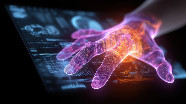 Digital interaction demonstration virtual space graphic representation futuristic environment close-up view technology concept