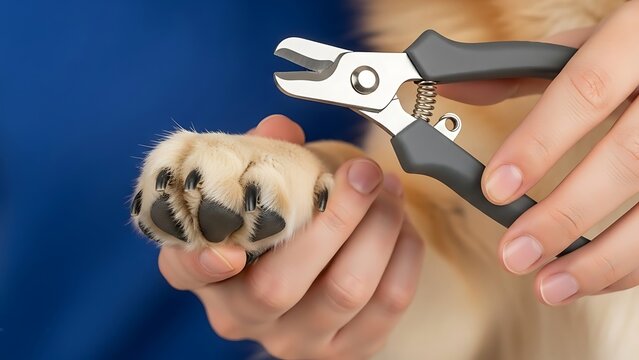 Trimming a dogs nails with nail clippers.