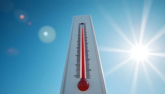 Scorching summer heatwave with rising thermometer against clear blue sky, perfect for illustrating climate change, global warming concerns, extreme weather events