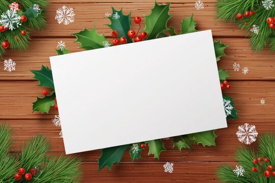 christmas background with a blank white card and holly berries, snowflakes, and pine branches on a wooden texture background Generative AI