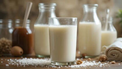 Fresh Dairy-Free Milk Alternatives Glass of Milk and Bottles on a Wooden Surface