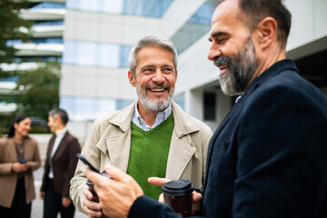 Mature men laughing with coffee outside modern office